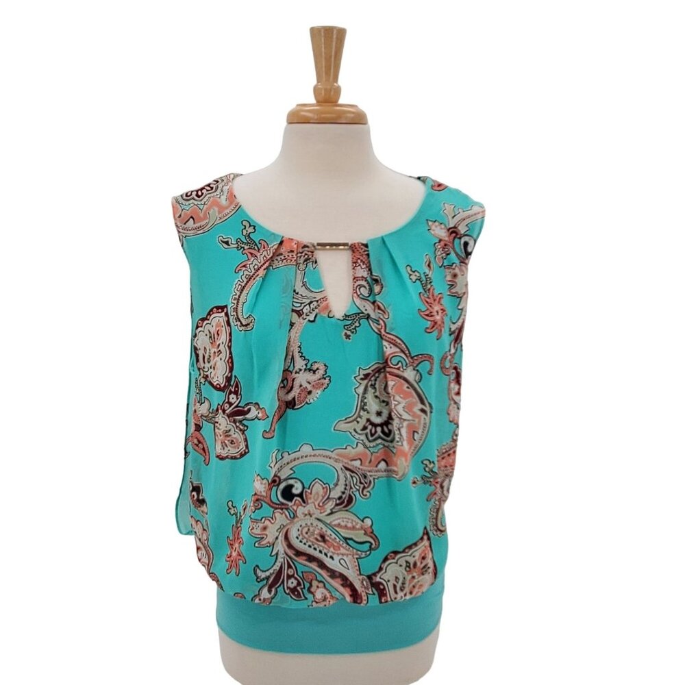Sleeveless Teal Paisley Blouse with Keyhole Detail